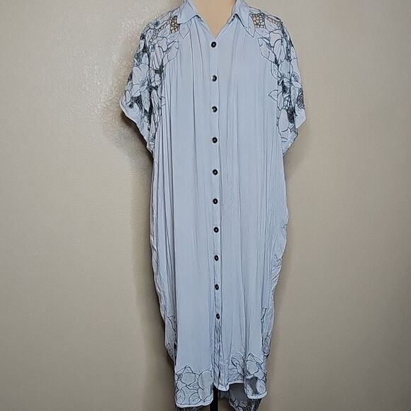 Free People Cut It Out Midi Dress Sky Blue Embroidered Medium Short Sleeve - Picture 3 of 12